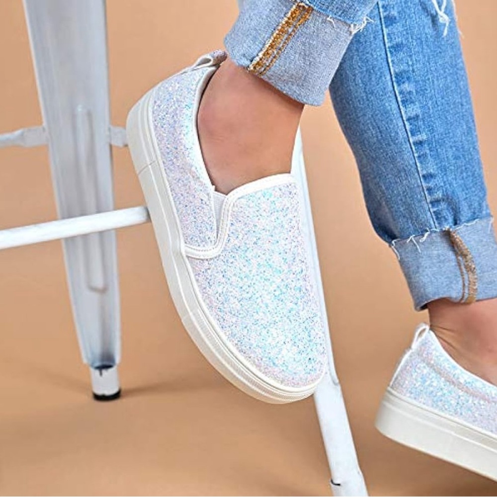 Slip-On Glitter Platform Sneakers for Women - White Iridescent